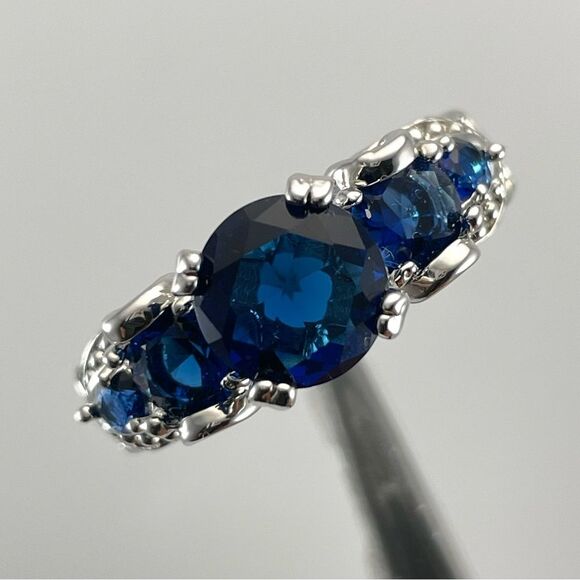 Jewelry - Beautiful Elegant 5 Stone Round Cut Blue Sapphire CZ Silver Plated Ring